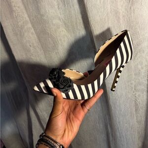 Betsy Johnson Striped Black & White stiletto heele with Floral Accent
